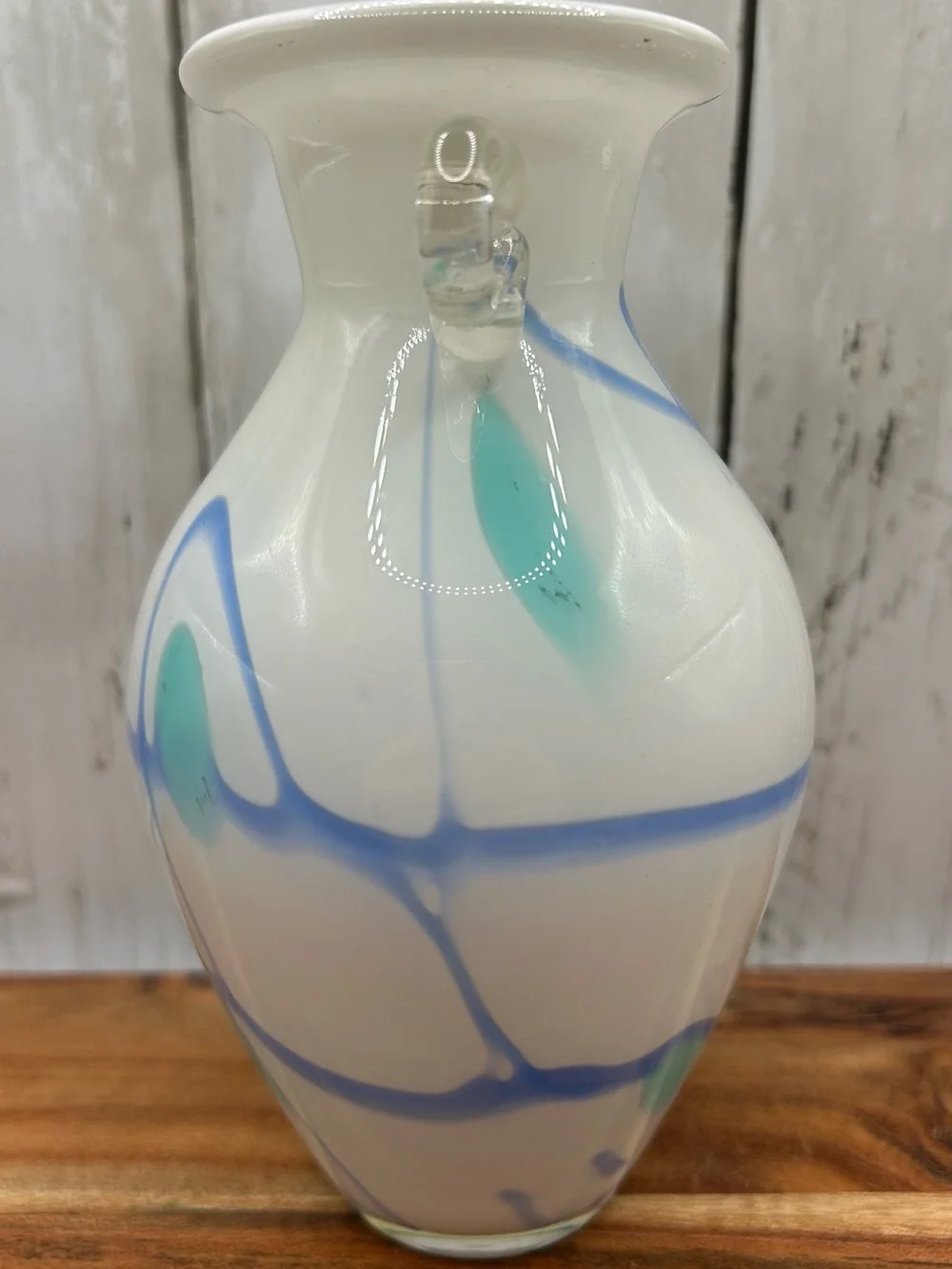 Vintage Art Glass Vase White Blue Aqua Applied Clear Handles Hand Blown